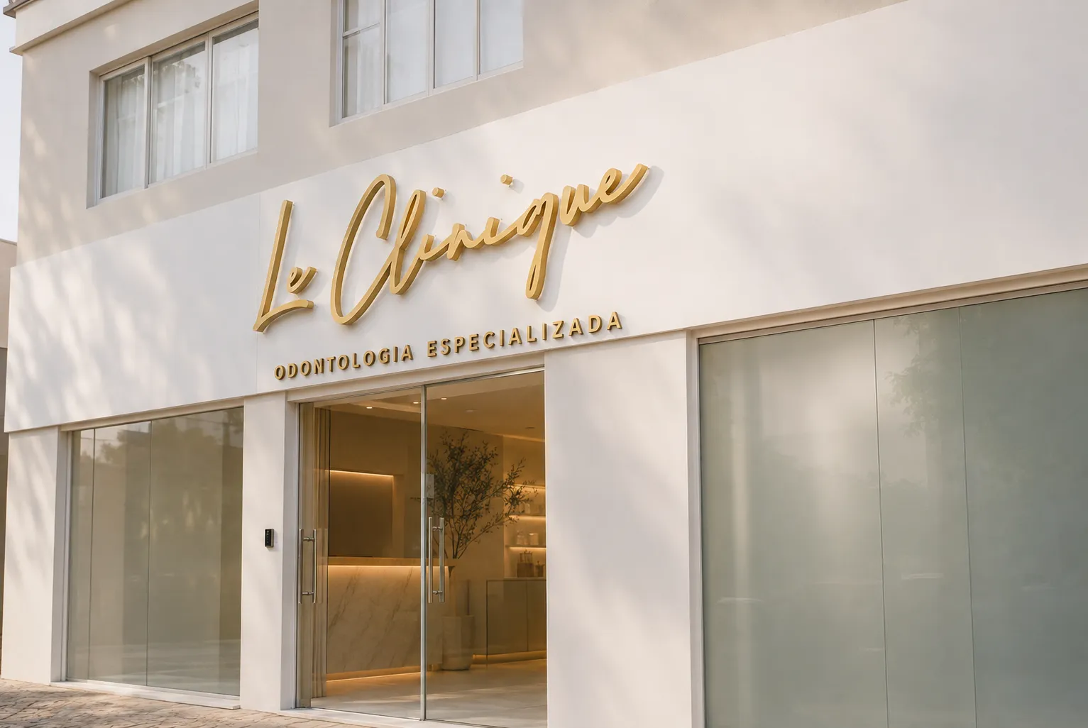 Fachada branca da Le Clinique com o letreiro dourado e a recepção acesa atrás da porta de vidro